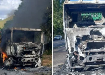 Caminhão com carga de cerveja pega fogo na ES 164 em Pancas